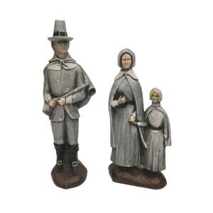 Vintage Ceramic Pilgrim Figurine Hand Painted 14" Man 12" Woman Bible Child Set